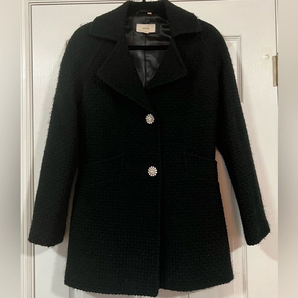 Merona Looped Fabric Boucle Coat Jacket Wool Blend Black Sz Med Crystal Buttons